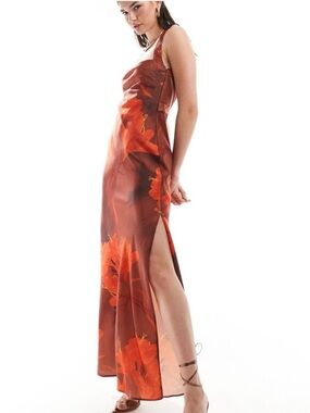 NWT ASOS Satin Slip Square Neck Cross Back Strap Maxi Dress Side Slit Floral 6